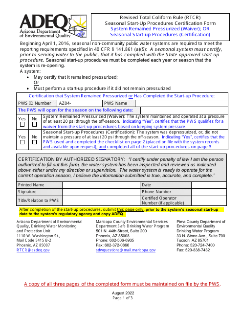 Revised Total Coliform Rule (Rtcr) Seasonal Start-Up Procedures Certification Form - Arizona