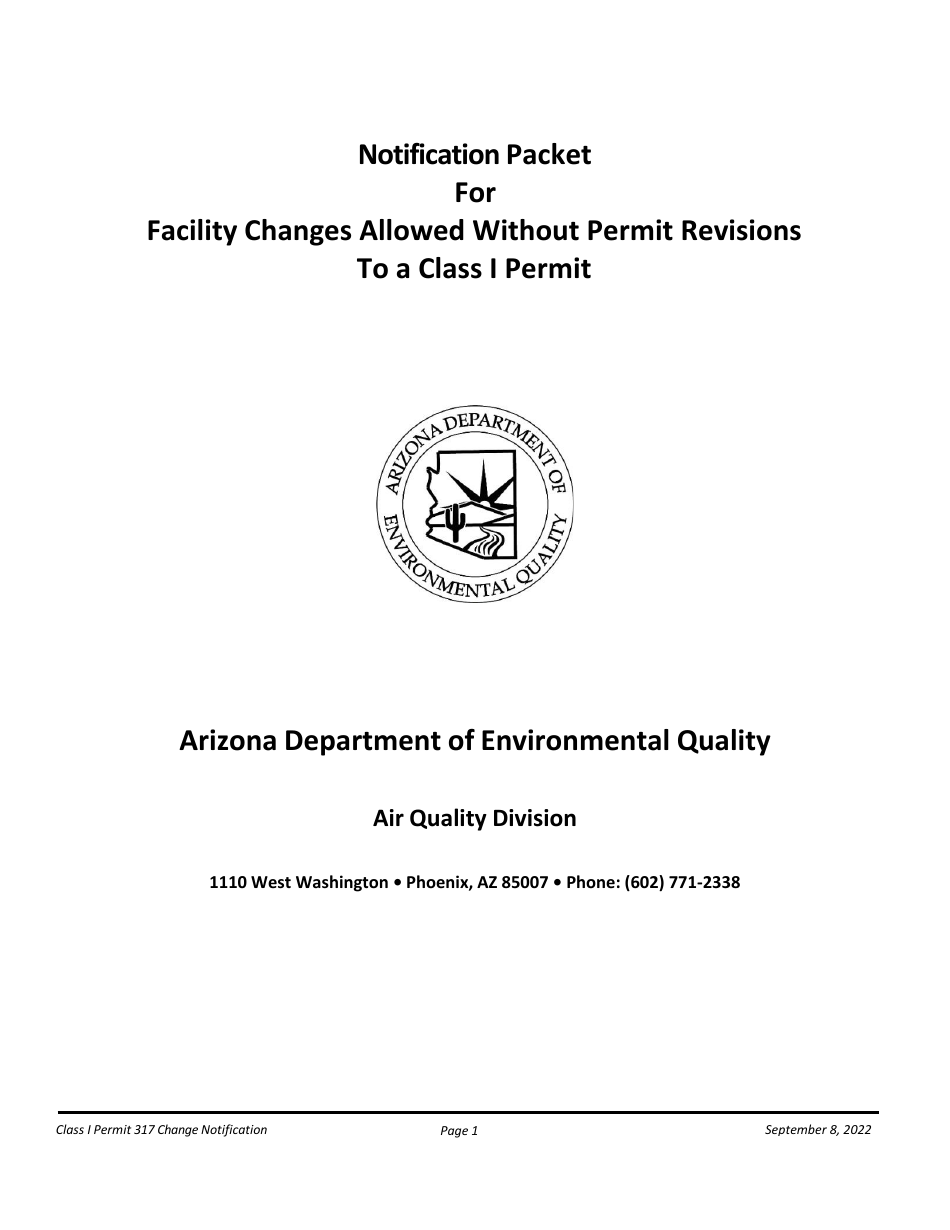 Notification Packet for Facility Changes Allowed Without Permit Revisions to a Class I Permit - Arizona, Page 1