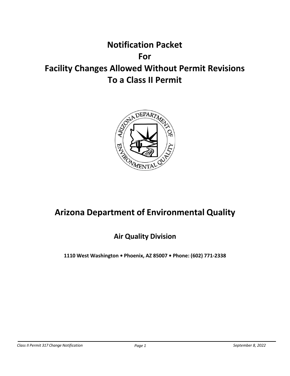 Notification Packet for Facility Changes Allowed Without Permit Revisions to a Class II Permit - Arizona, Page 1