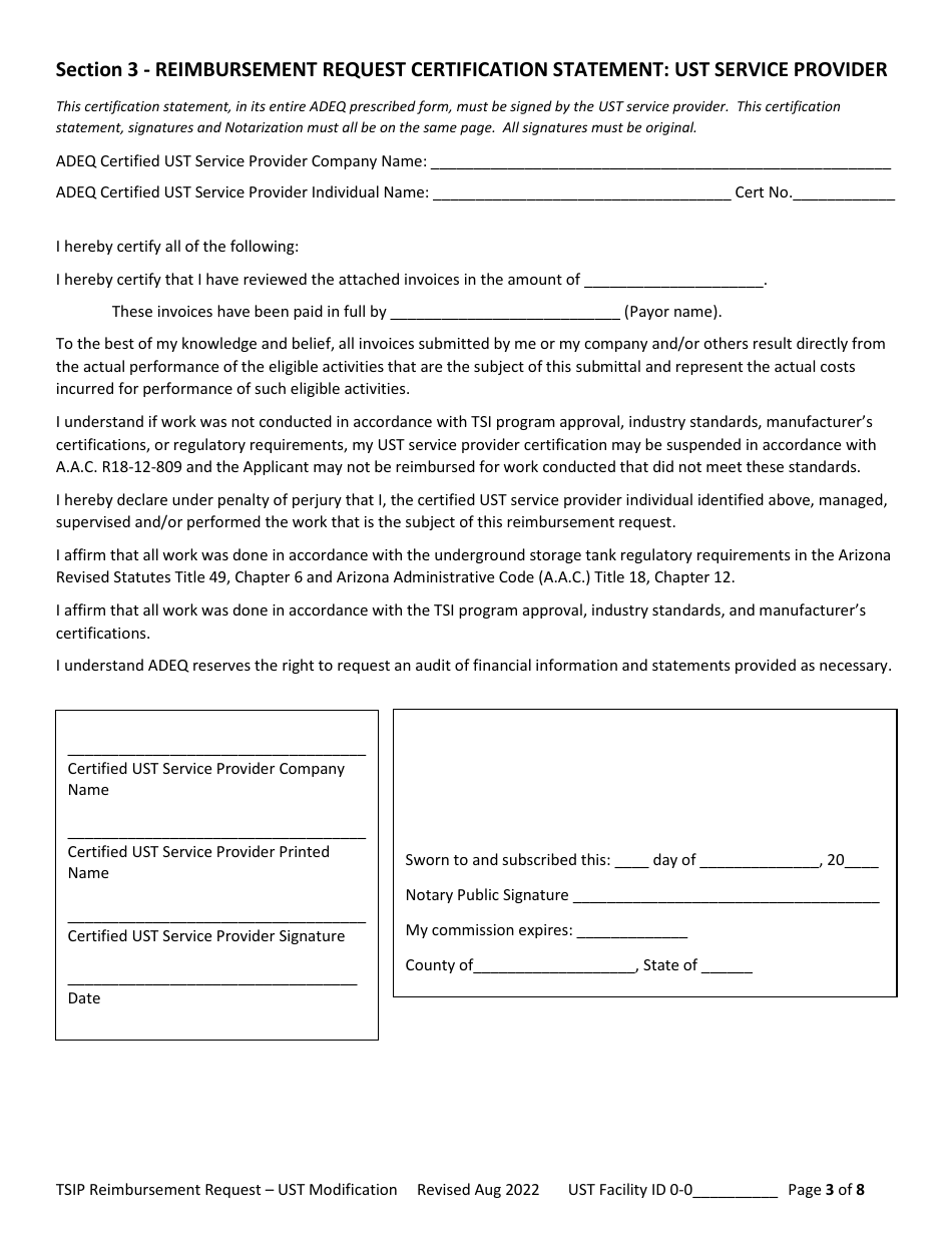 Reimbursement Request Form for Ust Modification - Underground Storage Tank (Ust) Tank Site Improvement Program (Tsip) - Arizona, Page 3