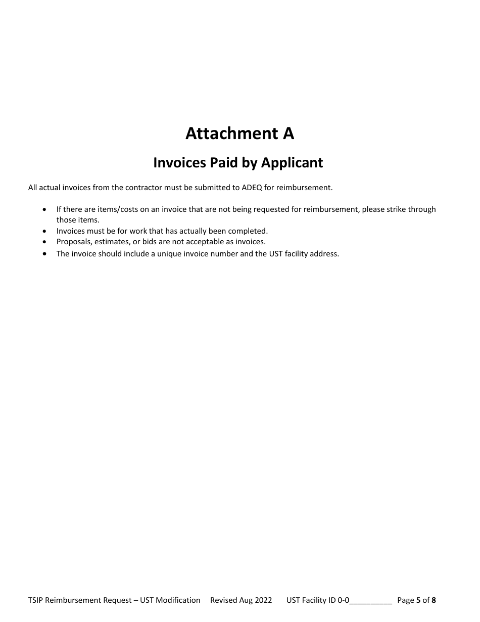 Reimbursement Request Form for Ust Modification - Underground Storage Tank (Ust) Tank Site Improvement Program (Tsip) - Arizona, Page 5