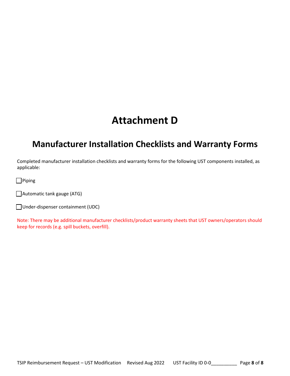 Reimbursement Request Form for Ust Modification - Underground Storage Tank (Ust) Tank Site Improvement Program (Tsip) - Arizona, Page 8
