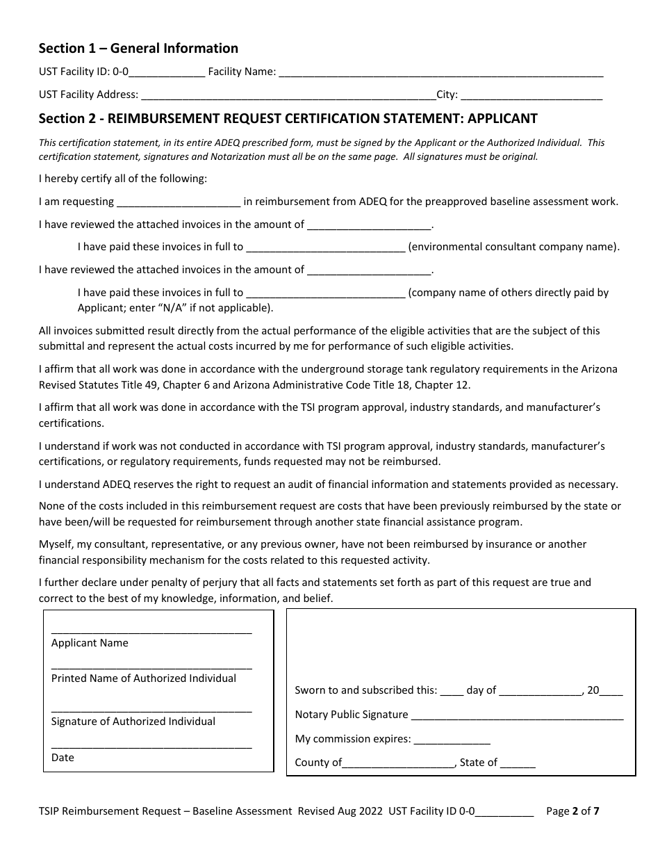 Reimbursement Request Form for Baseline Assessment - Underground Storage Tank (Ust) Tank Site Improvement Program (Tsip) - Arizona, Page 2