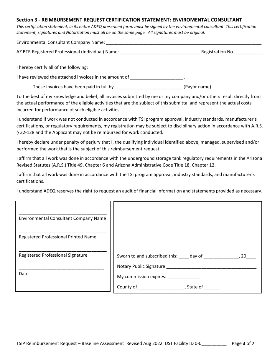 Reimbursement Request Form for Baseline Assessment - Underground Storage Tank (Ust) Tank Site Improvement Program (Tsip) - Arizona, Page 3