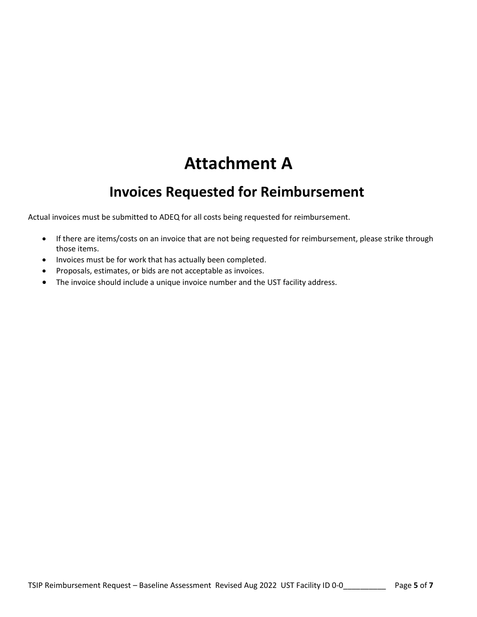 Reimbursement Request Form for Baseline Assessment - Underground Storage Tank (Ust) Tank Site Improvement Program (Tsip) - Arizona, Page 5