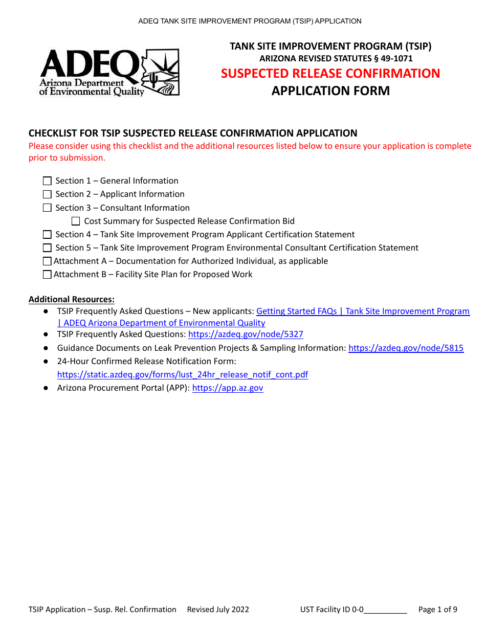 Suspected Release Confirmation Application Form - Tank Site Improvement Program (Tsip) - Arizona, Page 1