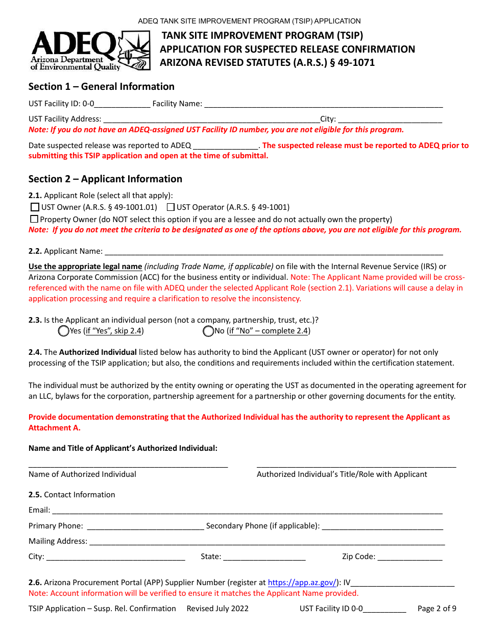 Suspected Release Confirmation Application Form - Tank Site Improvement Program (Tsip) - Arizona, Page 2