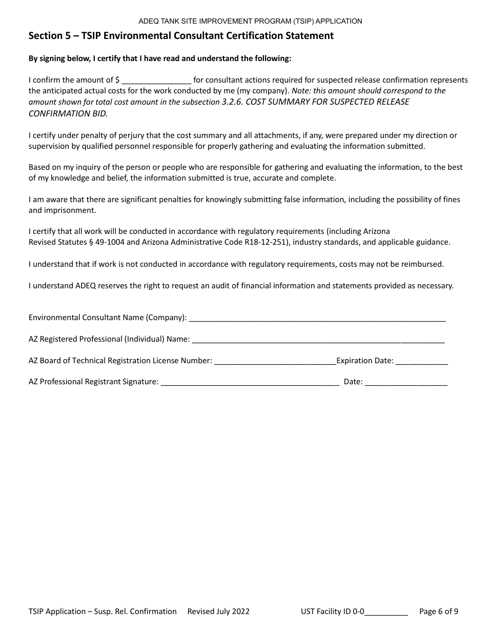 Suspected Release Confirmation Application Form - Tank Site Improvement Program (Tsip) - Arizona, Page 6