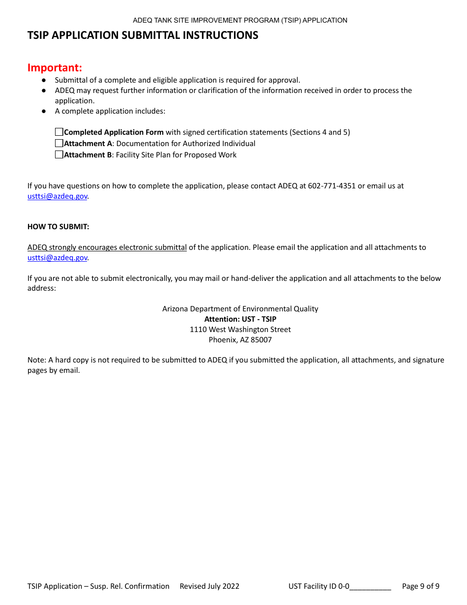 Suspected Release Confirmation Application Form - Tank Site Improvement Program (Tsip) - Arizona, Page 9