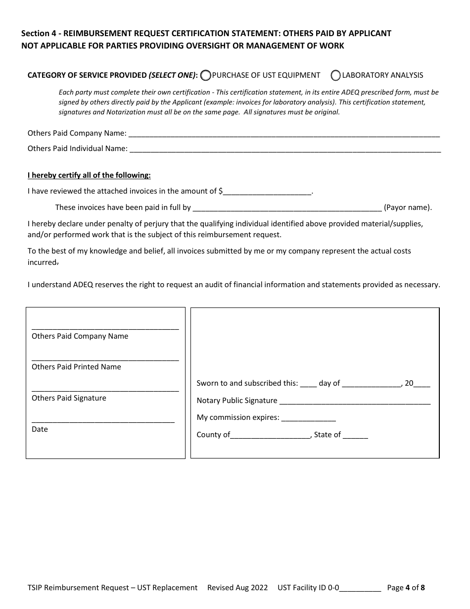 Reimbursement Request Checklist for Ust Replacement - Underground Storage Tank (Ust) Tank Site Improvement Program (Tsip) - Arizona, Page 4