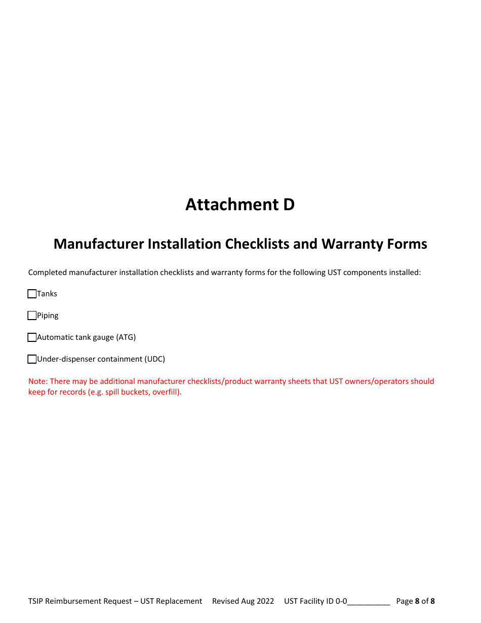 Reimbursement Request Checklist for Ust Replacement - Underground Storage Tank (Ust) Tank Site Improvement Program (Tsip) - Arizona, Page 8