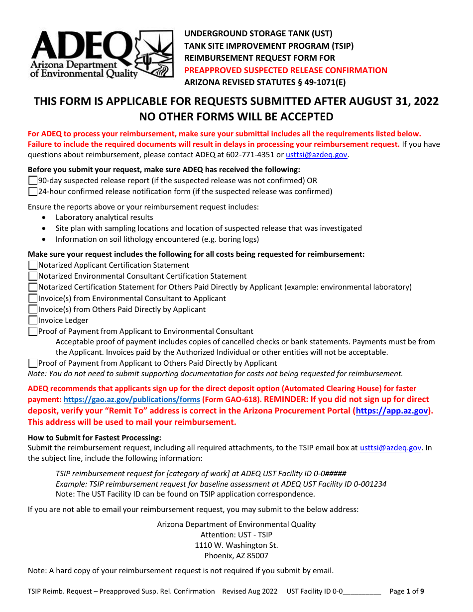 Reimbursement Request Form for Preapproved Suspected Release Confirmation - Underground Storage Tank (Ust) Tank Site Improvement Program (Tsip) - Arizona, Page 1