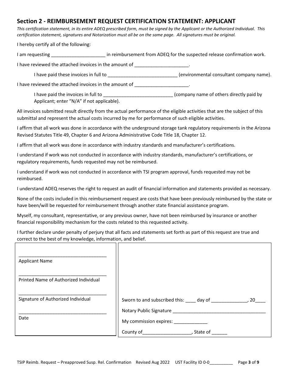 Reimbursement Request Form for Preapproved Suspected Release Confirmation - Underground Storage Tank (Ust) Tank Site Improvement Program (Tsip) - Arizona, Page 3