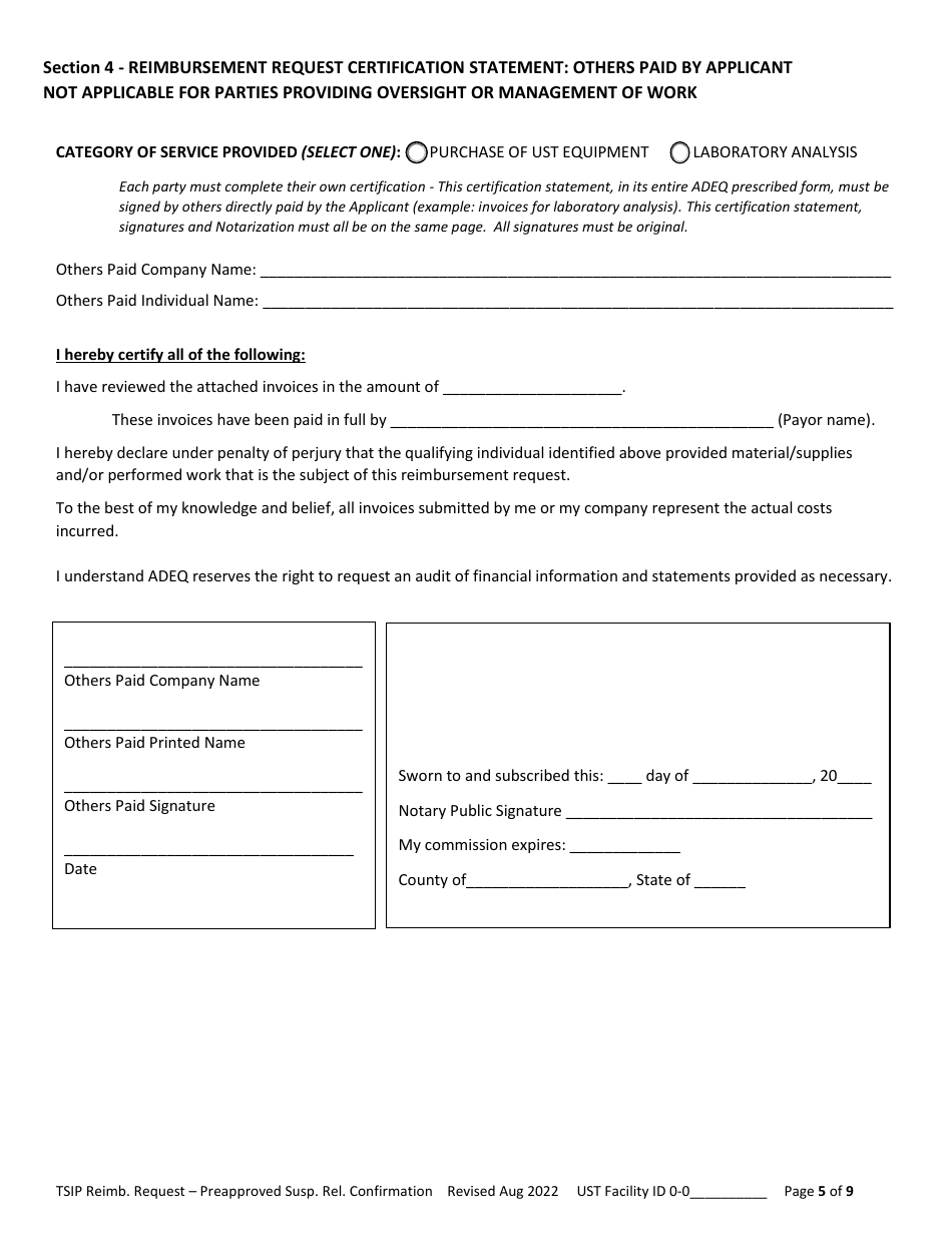 Arizona Reimbursement Request Form for Preapproved Suspected Release ...