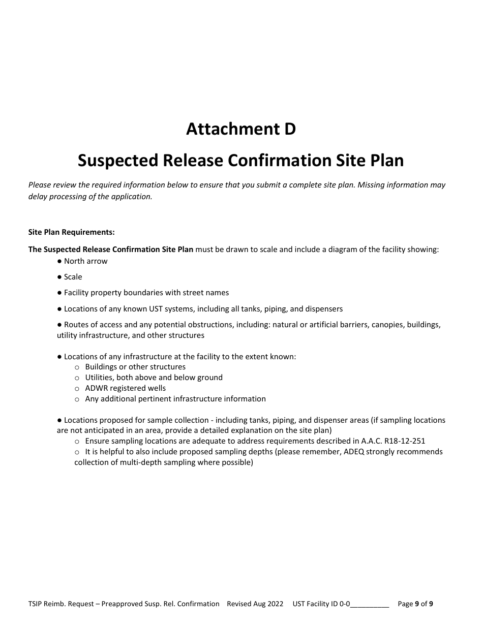 Reimbursement Request Form for Preapproved Suspected Release Confirmation - Underground Storage Tank (Ust) Tank Site Improvement Program (Tsip) - Arizona, Page 9