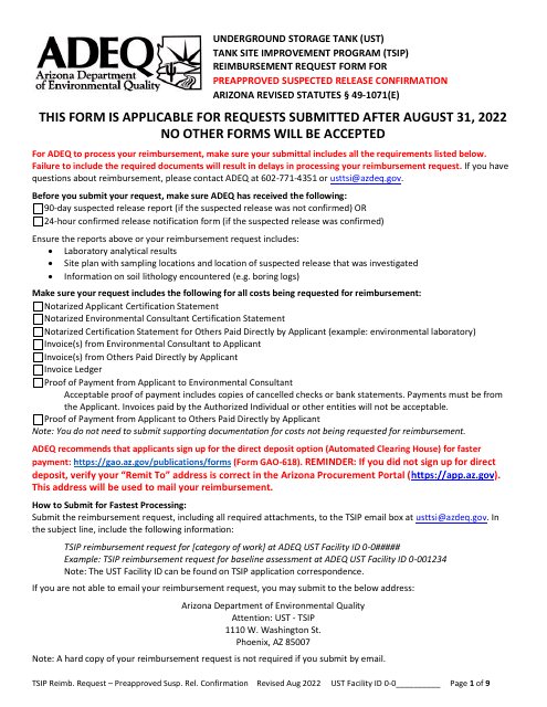 Reimbursement Request Form for Preapproved Suspected Release Confirmation - Underground Storage Tank (Ust) Tank Site Improvement Program (Tsip) - Arizona Download Pdf