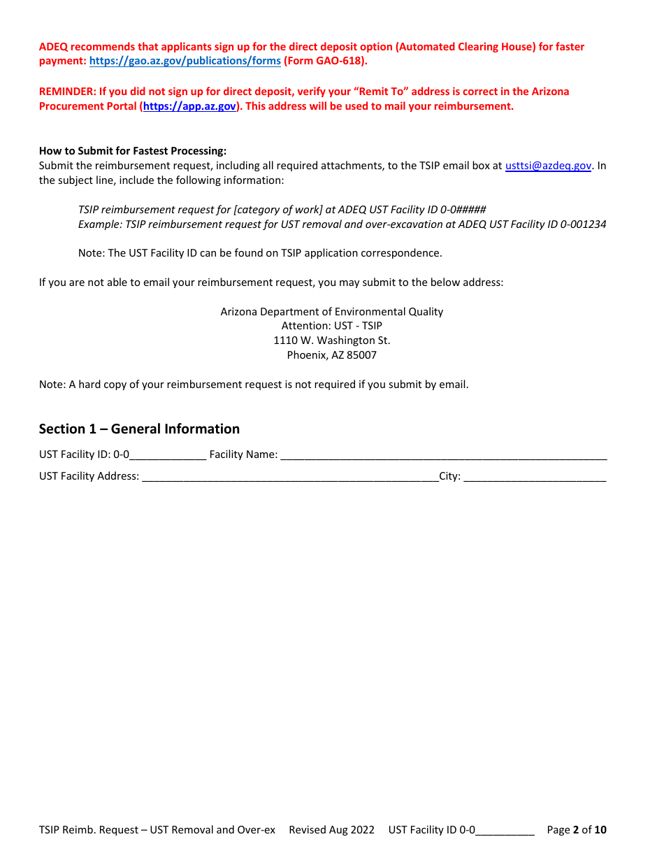 Reimbursement Request Form for Ust Removal - Underground Storage Tank (Ust) Tank Site Improvement Program (Tsip) - Arizona, Page 2