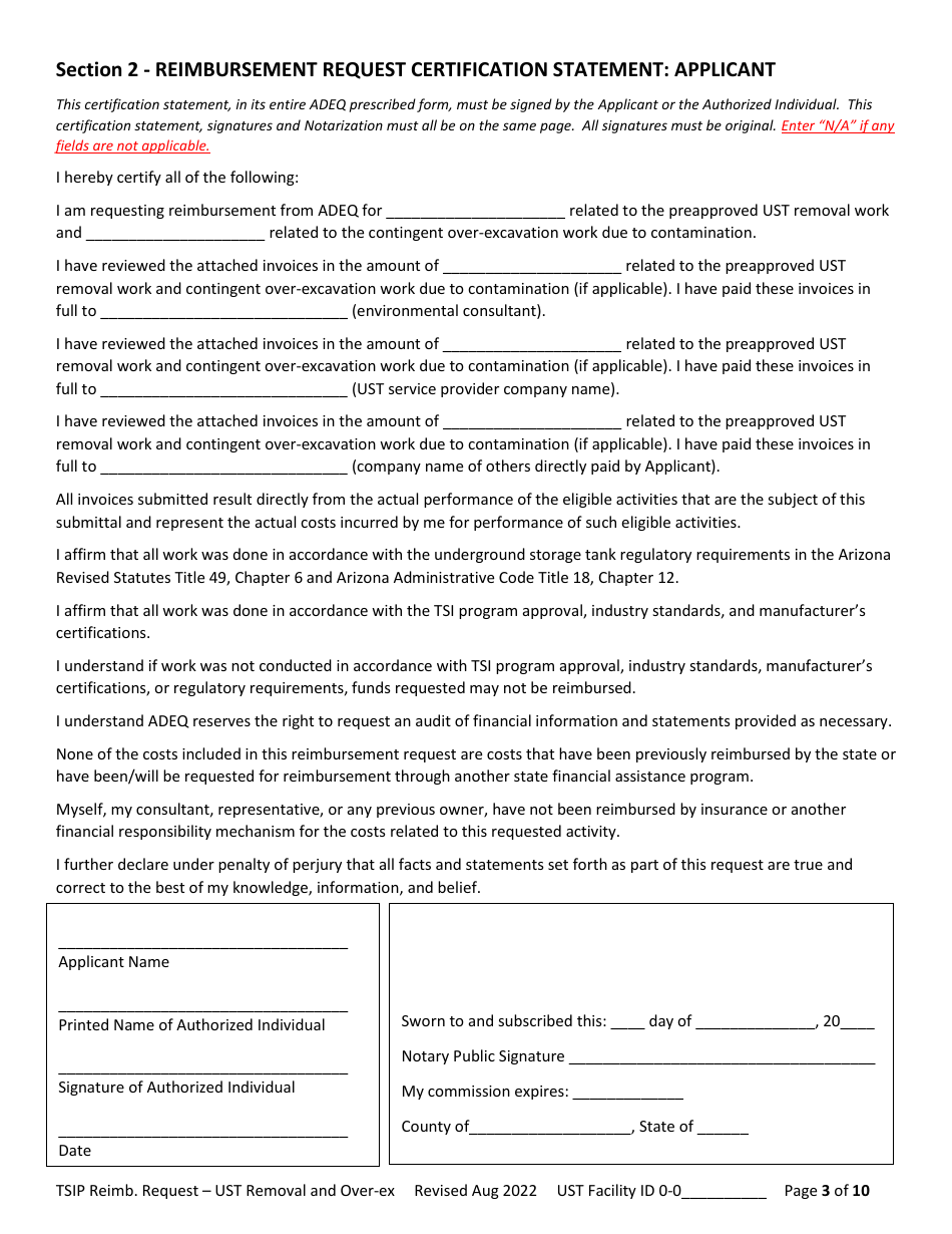 Reimbursement Request Form for Ust Removal - Underground Storage Tank (Ust) Tank Site Improvement Program (Tsip) - Arizona, Page 3