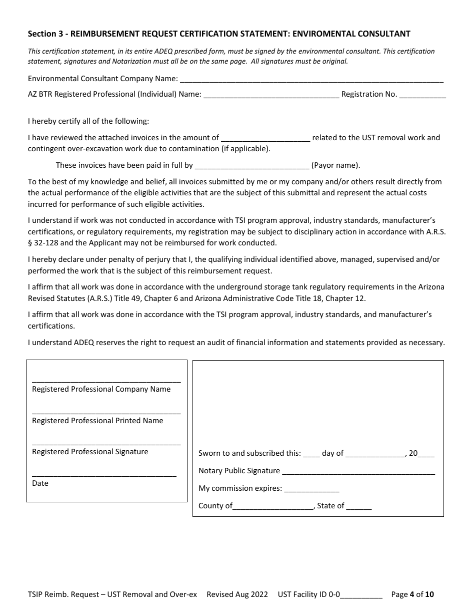 Reimbursement Request Form for Ust Removal - Underground Storage Tank (Ust) Tank Site Improvement Program (Tsip) - Arizona, Page 4
