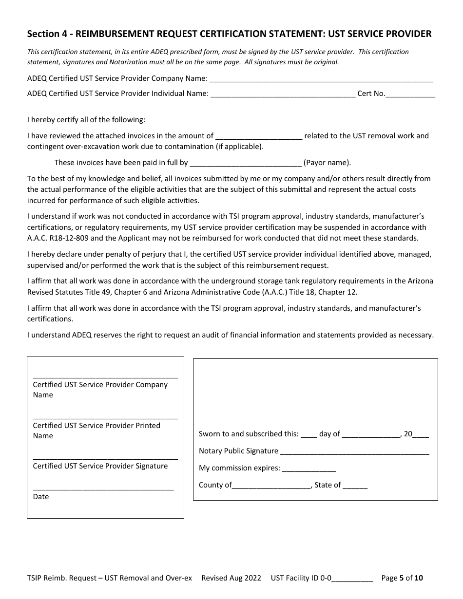 Reimbursement Request Form for Ust Removal - Underground Storage Tank (Ust) Tank Site Improvement Program (Tsip) - Arizona, Page 5