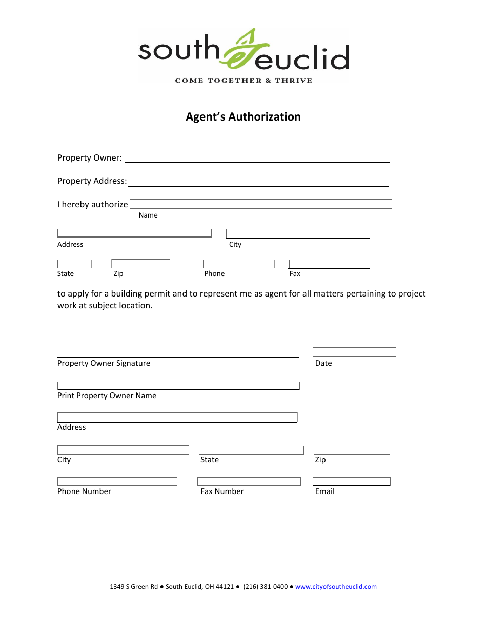 City of South Euclid, Ohio Agent's Authorization Fill Out, Sign