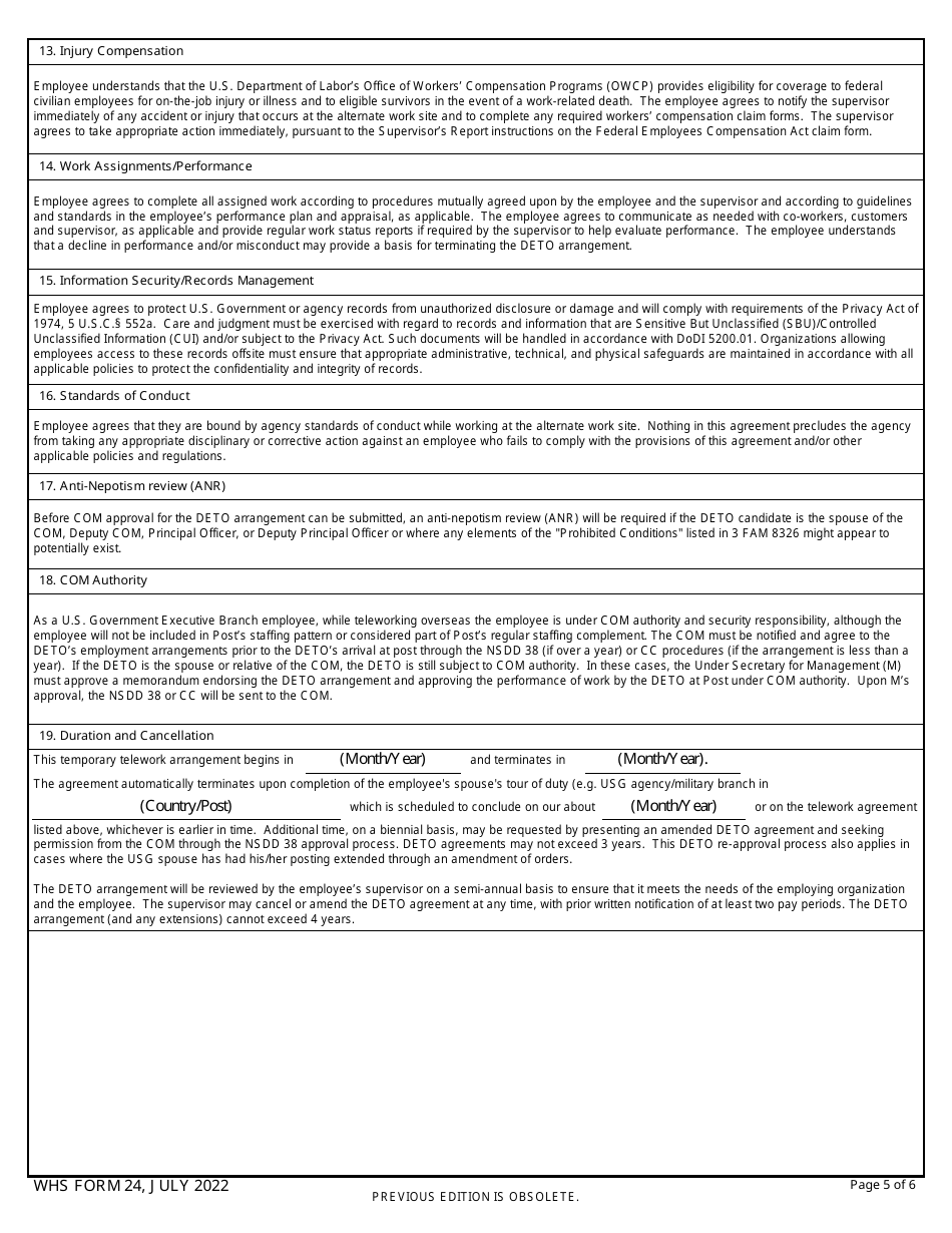WHS Form 24 Washington Headquarters Services (WHS) Domestic Employees Teleworking Overseas (Deto) Agreement for DoD Employees Working Remotely at or Near a U.S. Embassy or Consulate, Page 5