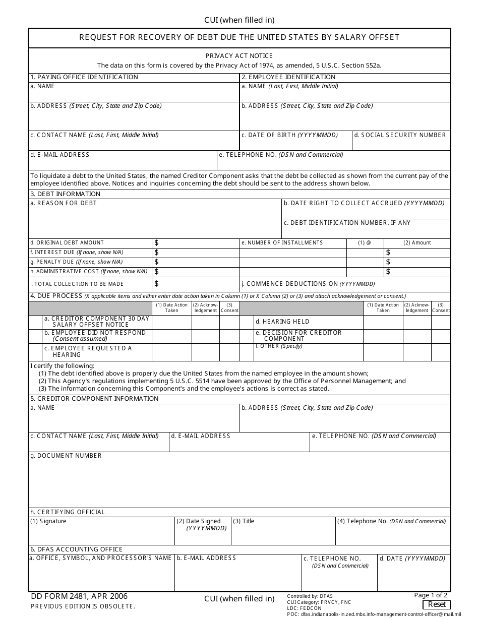 DD Form 2481 Request for Recovery of Debt Due the United States by Salary Offset, Page 1