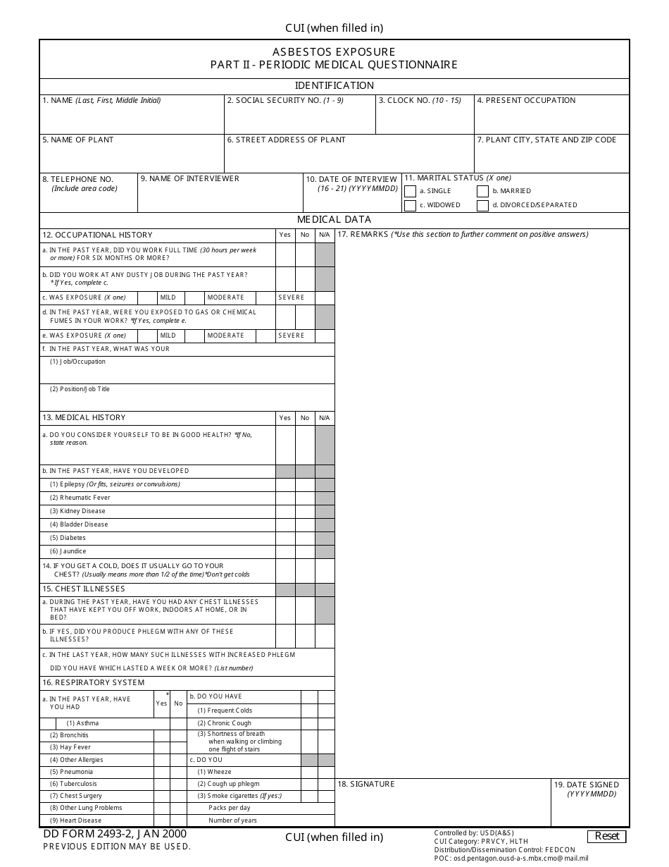 DD Form 2493-2 Supplement II Asbestos Exposure - Periodic Medical Questionnaire, Page 1