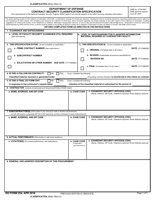 DD Form 254 Department of Defense Contract Security Classification Specification