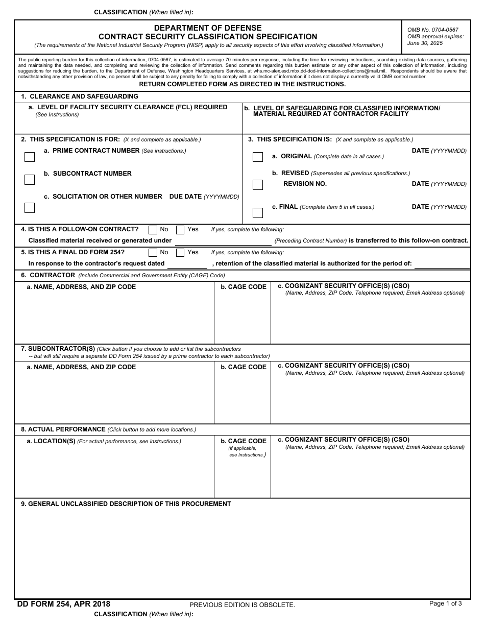 DD Form 254 Department of Defense Contract Security Classification Specification, Page 1
