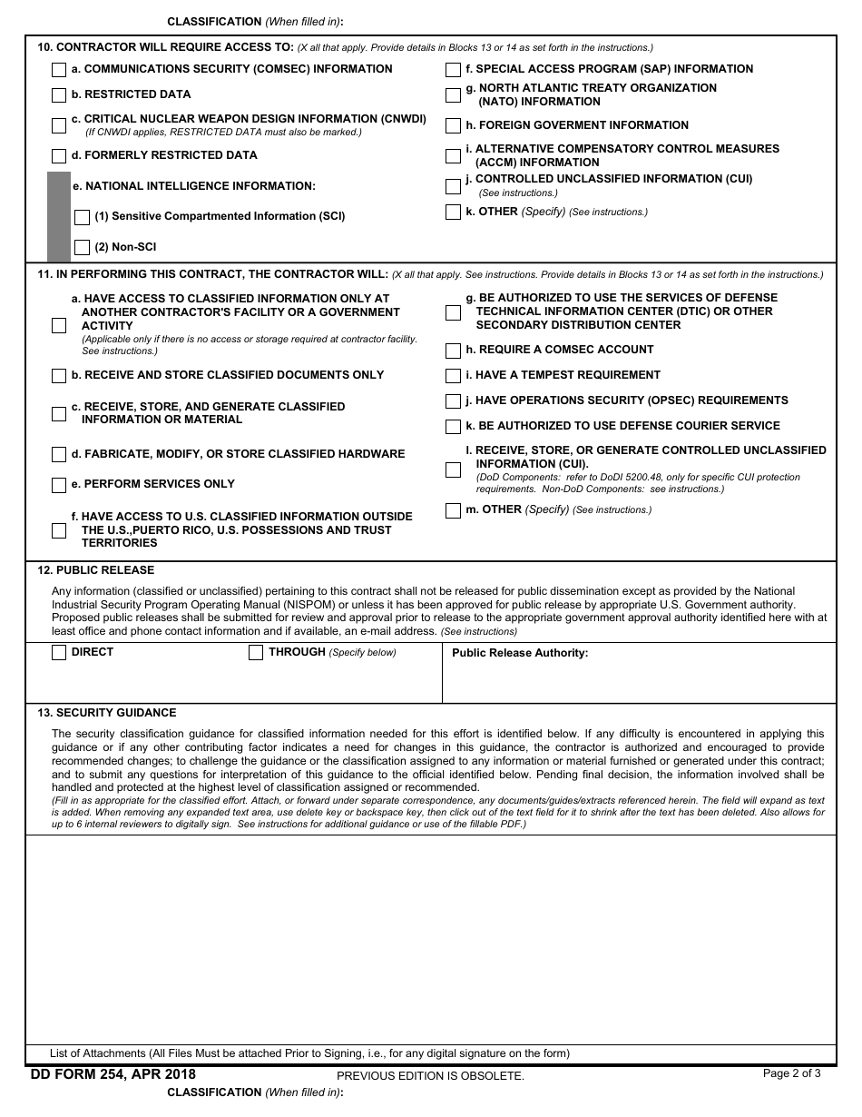 DD Form 254 Download Fillable PDF or Fill Online Department of Defense ...