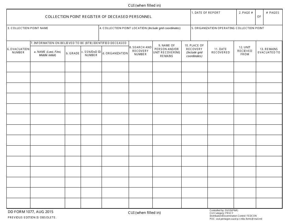 DD Form 1077 Collection Point Register of Deceased Personnel, Page 1
