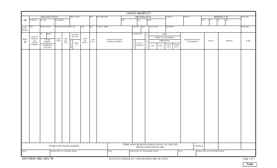 DD Form 1385 Cargo Manifest, Page 1