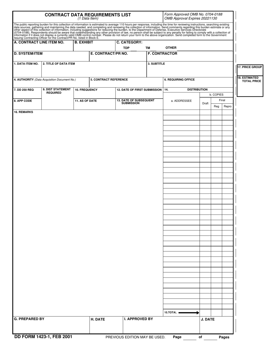 DD Form 1423-1 Contract Data Requirements List (1 Data Item), Page 1