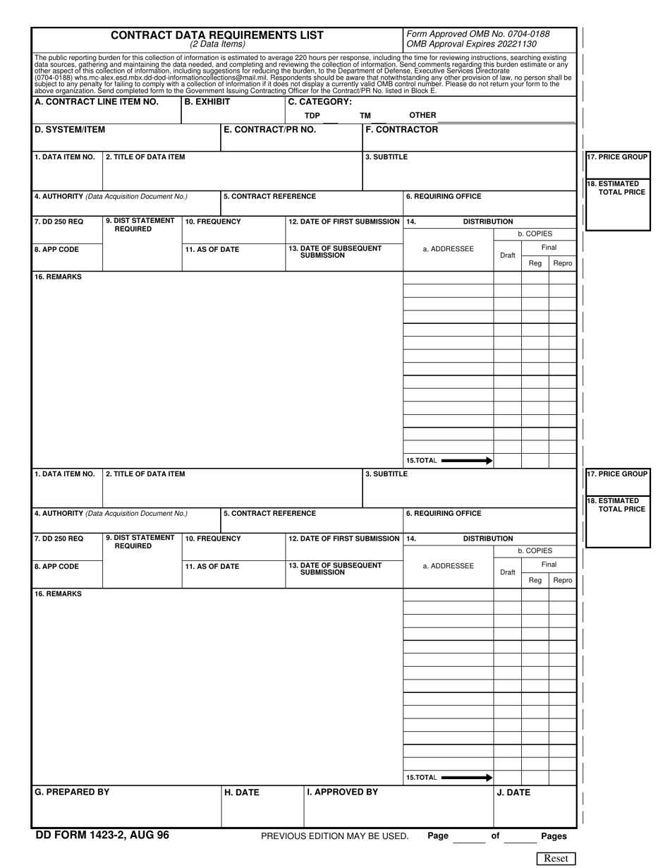 DD Form 1423-2 Contract Data Requirements List (2 Data Items), Page 1