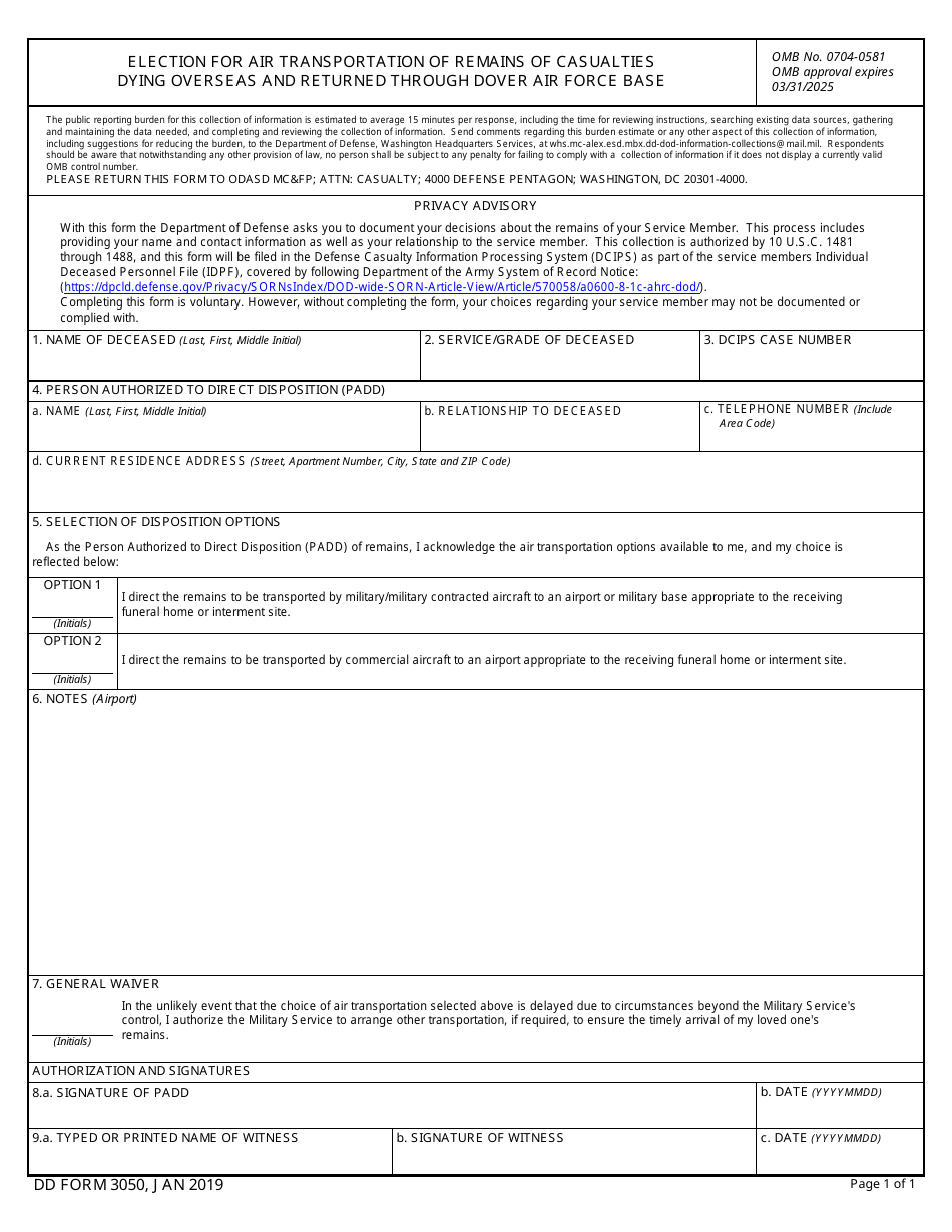 DD Form 3050 Election for Air Transportation of Remains of Casualties Dying Overseas and Returned Through Dover Air Force Base, Page 1