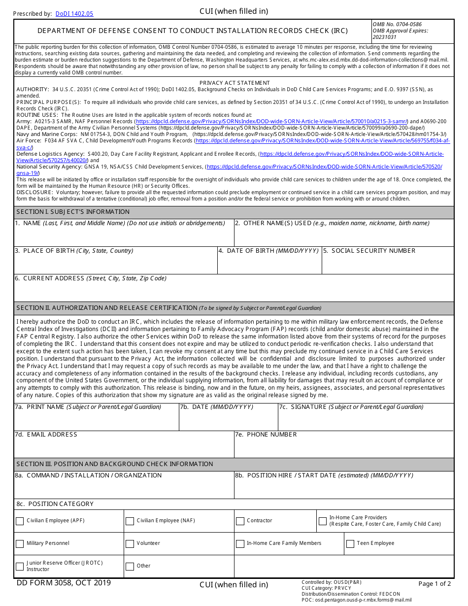 DD Form 3058 Department of Defense Consent to Conduct Installation Records Check (IRC), Page 1