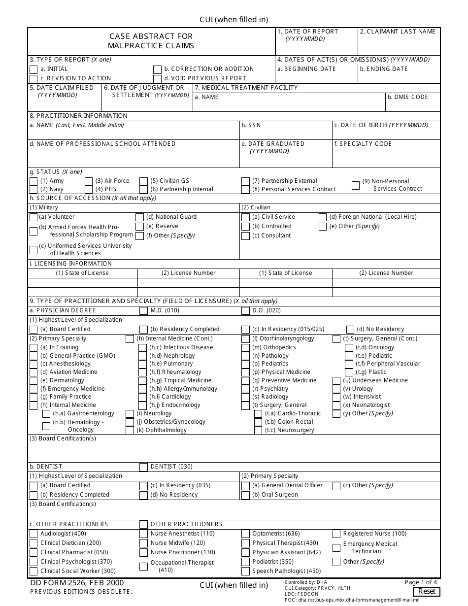 DD Form 2526 Case Abstract for Malpractice Claims, Page 1