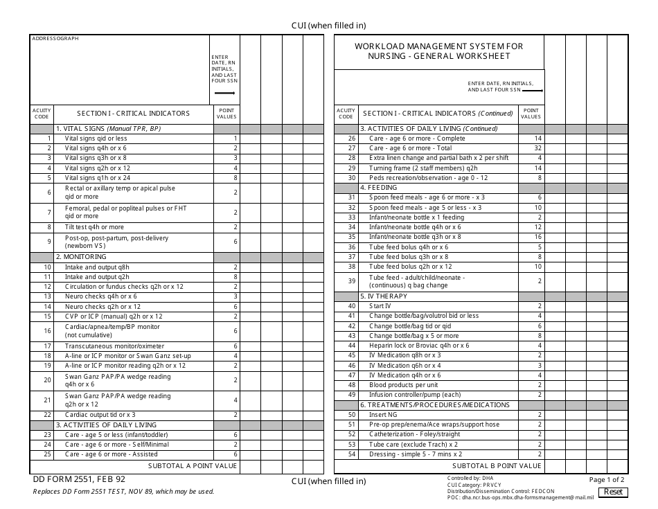 DD Form 2551 Workload Management System for Nursing - General Worksheet, Page 1