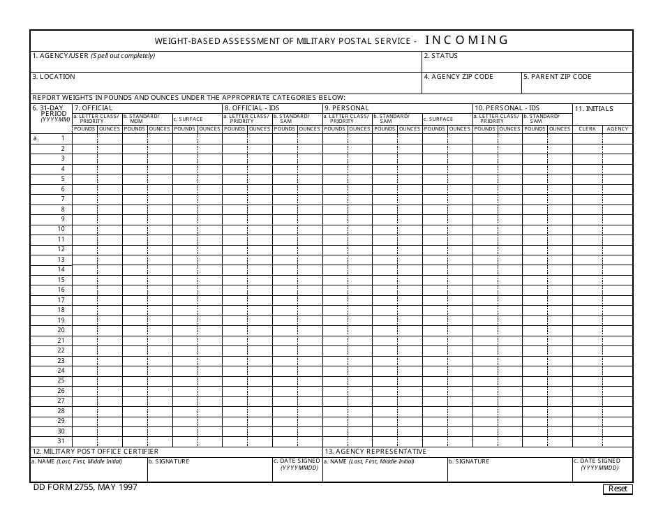 DD Form 2755 Weight-Based Assessment of Military Postal Service - Incoming, Page 1