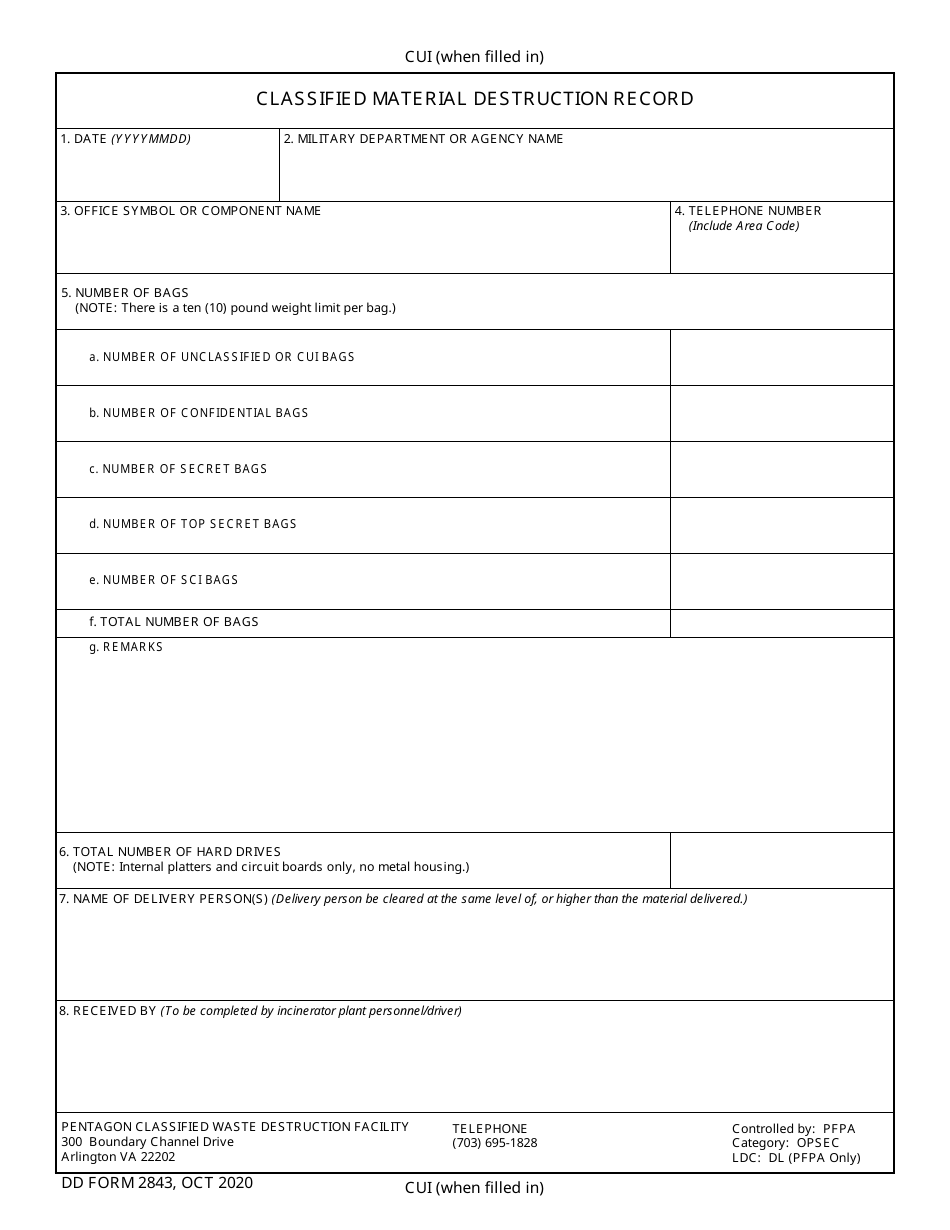 DD Form 2843 Classified Material Destruction Record, Page 1