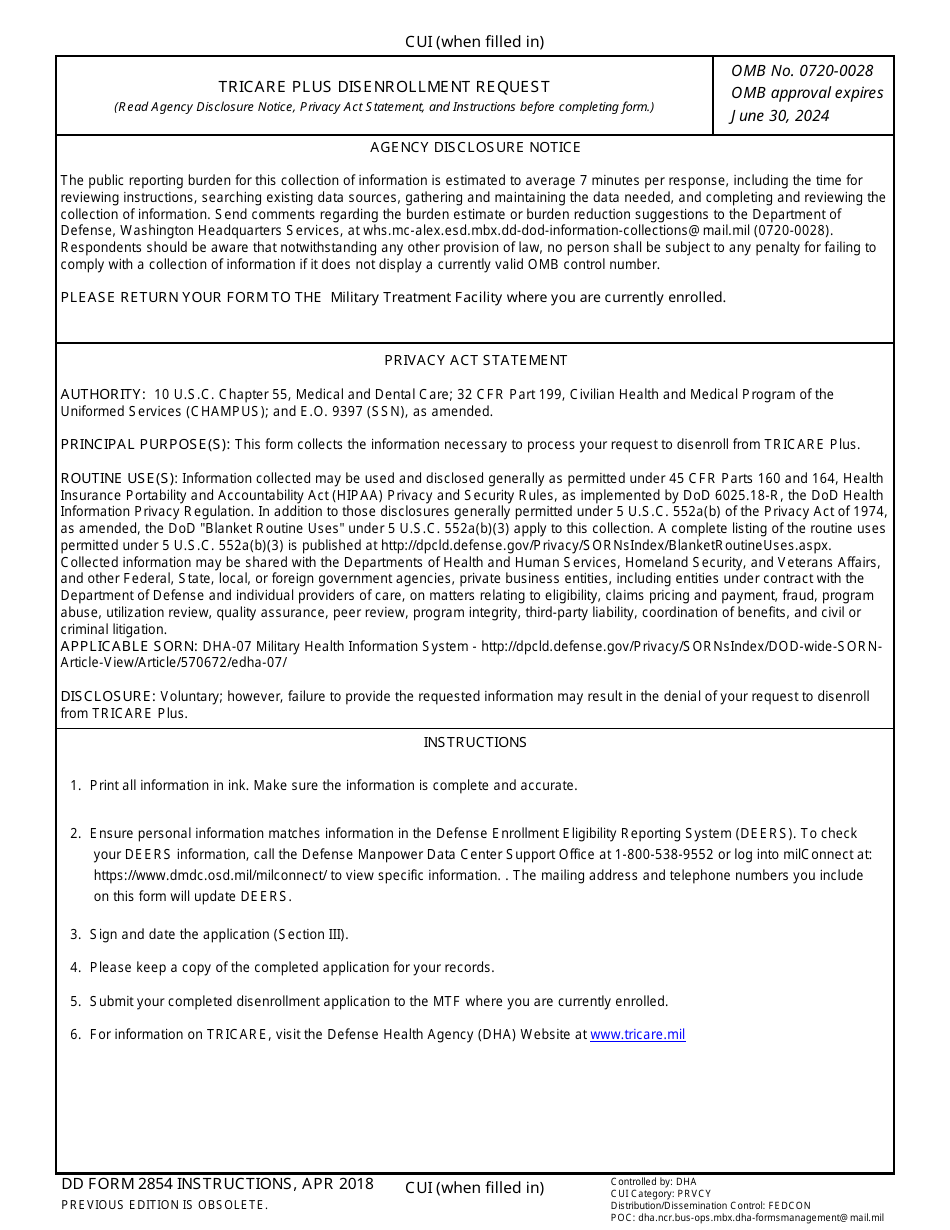 DD Form 2854 TRICARE Plus Disenrollment Request, Page 1