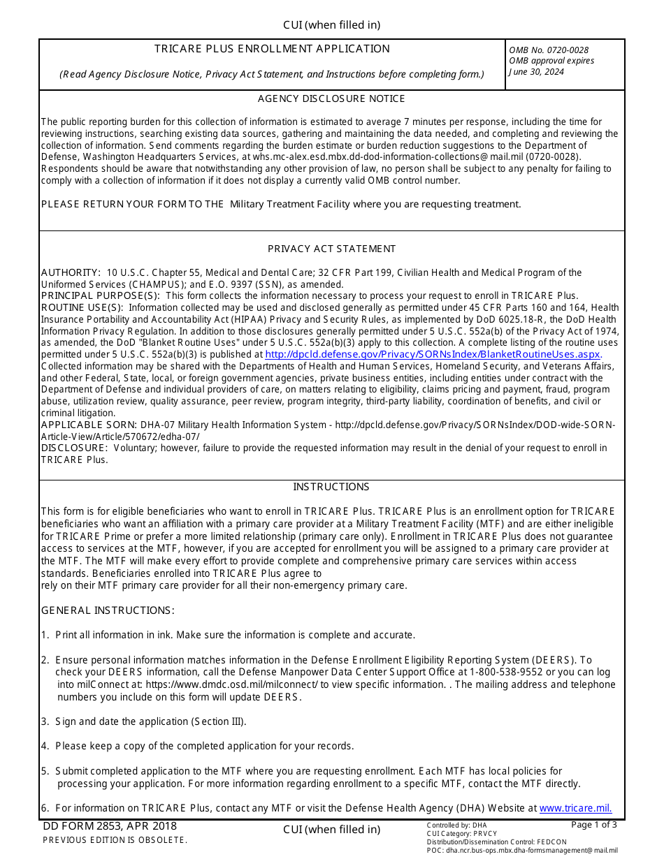 DD Form 2853 TRICARE Plus Enrollment Application, Page 1