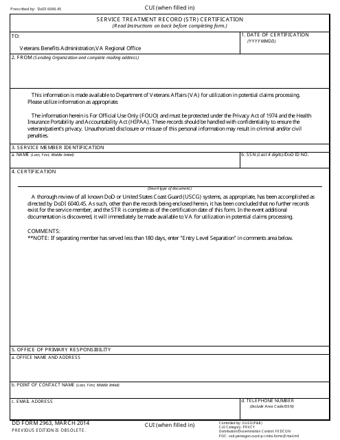 DD Form 2963 Service Treatment Record (Str) Certification