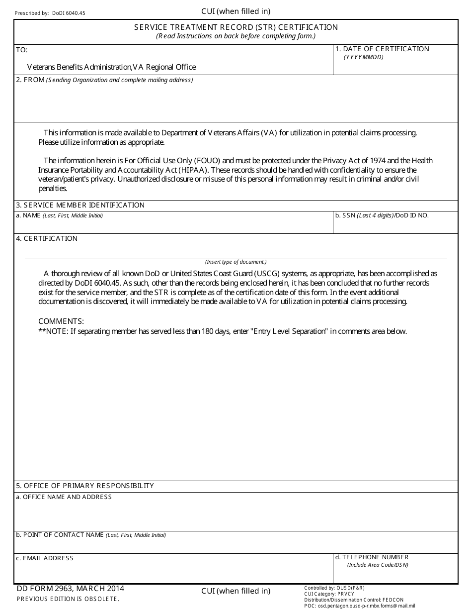 DD Form 2963 Service Treatment Record (Str) Certification, Page 1