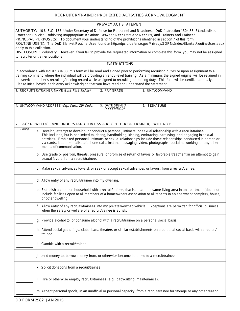 DD Form 2982 Recruiter / Trainer Prohibited Activities Acknowledgment, Page 1