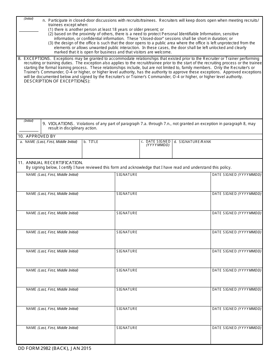 DD Form 2982 Recruiter / Trainer Prohibited Activities Acknowledgment, Page 2