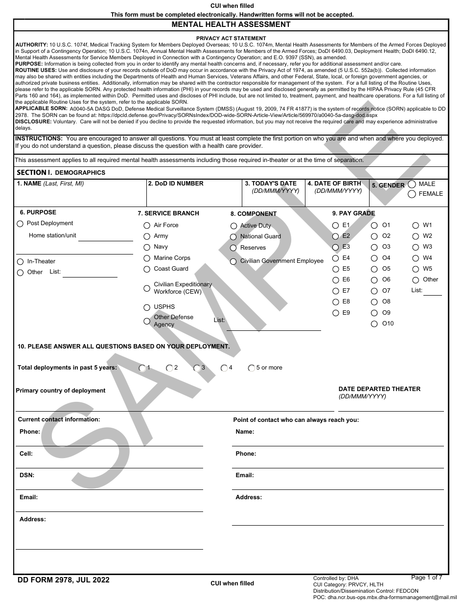 DD Form 2978 Mental Health Assessment - Sample, Page 1