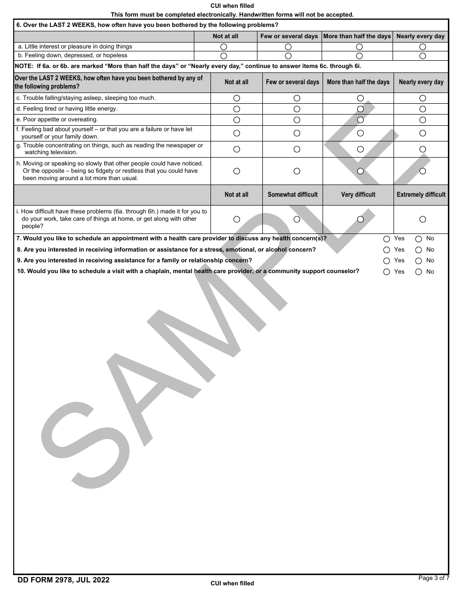 DD Form 2978 Mental Health Assessment - Sample, Page 3