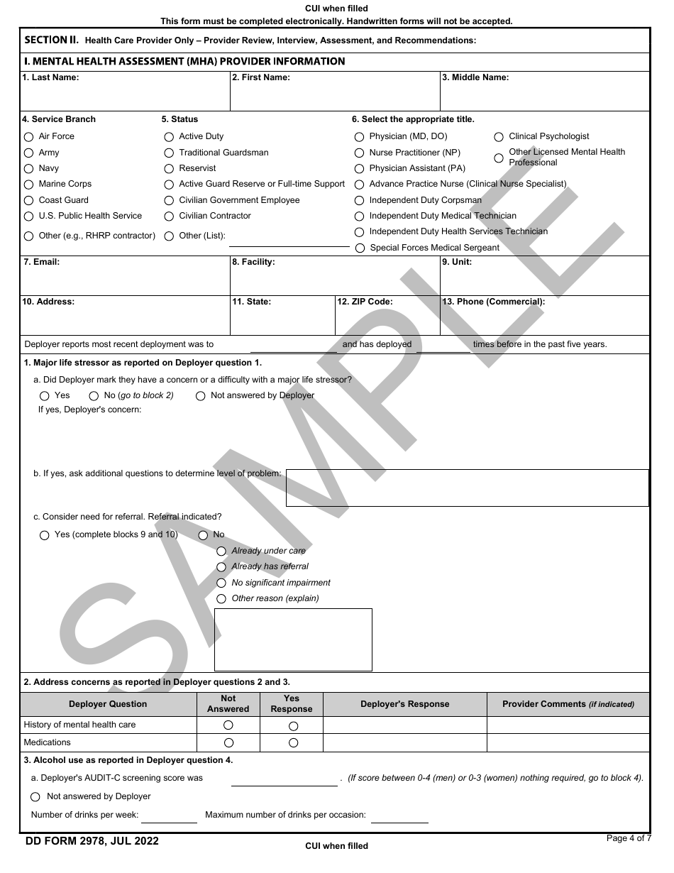 DD Form 2978 Mental Health Assessment - Sample, Page 4